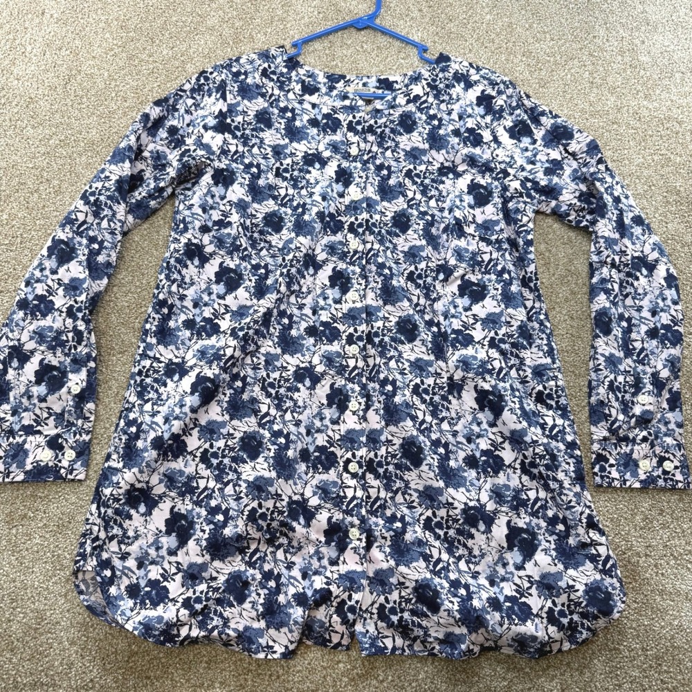 Duluth Trading Co Womens Medium Navy Blue Floral Cotton Stretch Button Up Tunic